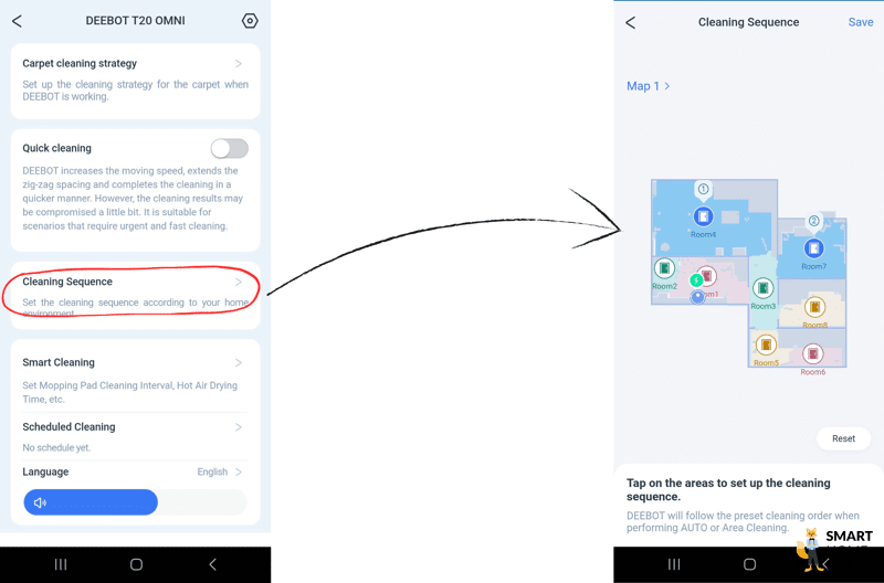 Die Reinigungsreihenfolge der Räume wird in der ECOVACS DEEBOT T20 OMNI App ausgewählt.